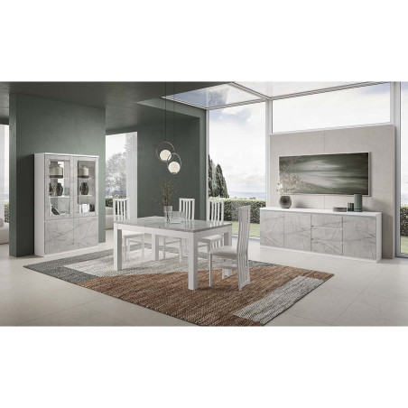 Buffet 3 Portes 3 Tiroirs Laqué Blanc et Gris Marbré - DEYTA