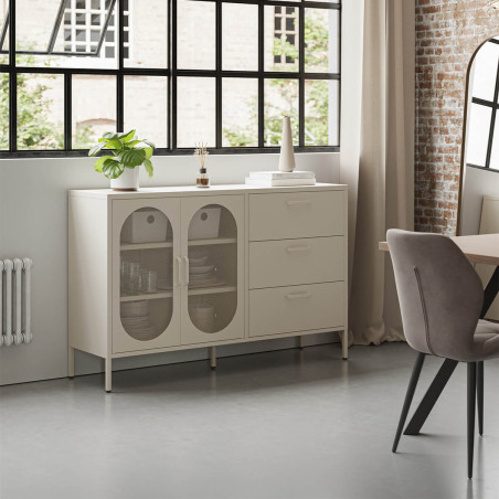Buffet 2 portes ajourées 3 tiroirs en métal crème - OLIRA