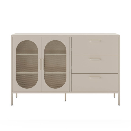 Buffet 2 portes ajourées 3 tiroirs en métal crème - OLIRA