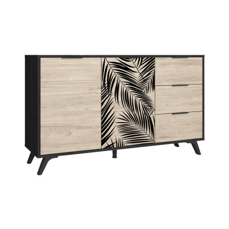 Buffet 2 portes 3 tiroirs effet chêne motif feuilles de palmier noir - PARELA