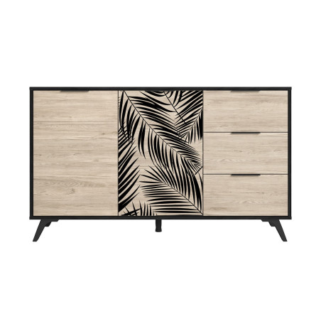 Buffet 2 portes 3 tiroirs effet chêne motif feuilles de palmier noir - PARELA