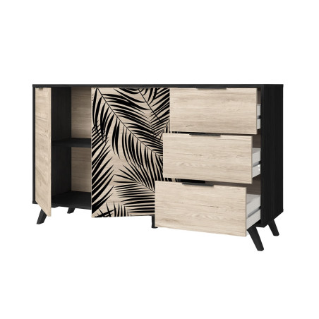 Buffet 2 portes 3 tiroirs effet chêne motif feuilles de palmier noir - PARELA