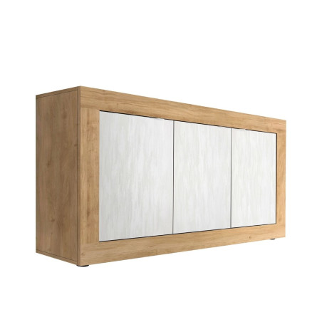 Buffet 3 portes aspect bois finition Cadiz façades blanc texturées - OTELIA