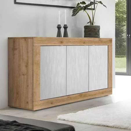 Buffet 3 portes aspect bois finition Cadiz façades blanc texturées - OTELIA
