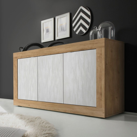 Buffet 3 portes aspect bois finition Cadiz façades blanc texturées - OTELIA