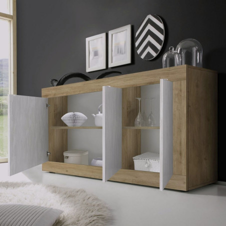 Buffet 3 portes aspect bois finition Cadiz façades blanc texturées - OTELIA