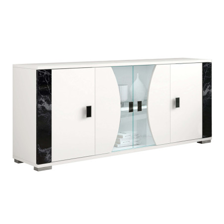 Buffet 4 portes blanc avec éclairage led décor marbre noir - ARIA