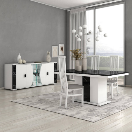 Buffet 4 portes blanc avec éclairage led décor marbre noir - ARIA