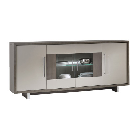 Buffet 4 Portes Gris Acier Métallisé et Gris Mat avec Leds - AUXIA