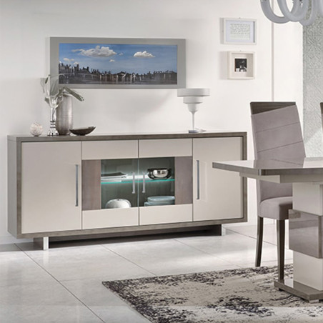 Buffet 4 Portes Gris Acier Métallisé et Gris Mat avec Leds - AUXIA