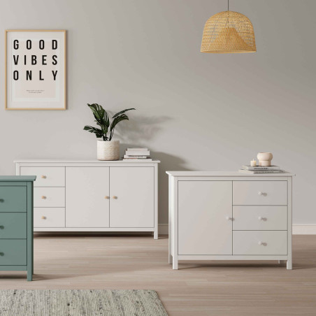 Meuble de rangement 1 porte 3 tiroirs en pin massif blanc - DIVA