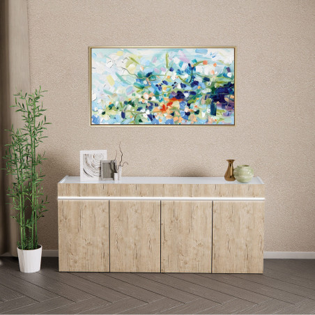 Buffet 4 portes laqué blanc brillant, aspect bois et LED - CHRISA