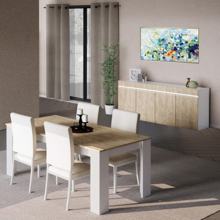 Buffet 4 portes laqué blanc brillant, aspect bois et LED - CHRISA