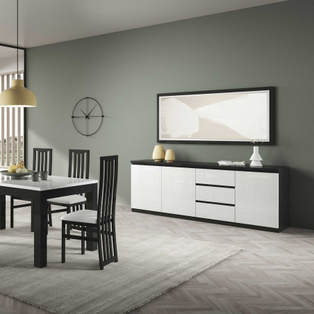 Buffet 3 portes 3 tiroirs laqué noir et blanc brillant - DEYTA