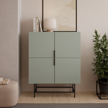 Meuble de rangement 4 portes vert kaki pieds métal noir mat - ALDINOR