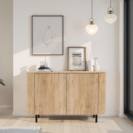Buffet 2 portes aspect bois finition Cadiz coins arrondis pieds noirs - VIVARINOR