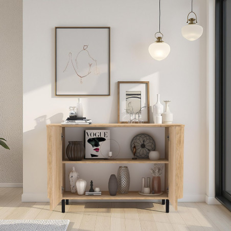 Buffet 2 portes aspect bois finition Cadiz coins arrondis pieds noirs - VIVARINOR