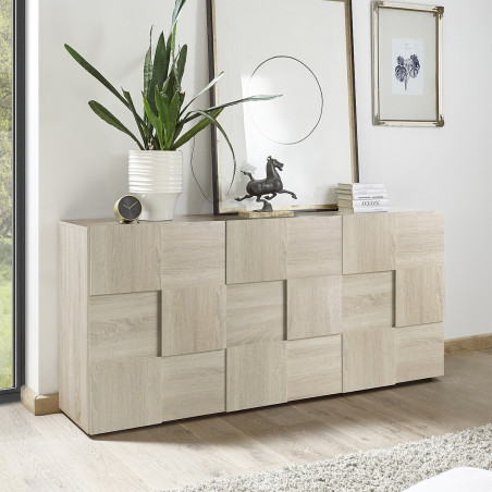 Buffet 3 portes aspect bois Sonoma relief damiers - REBENA