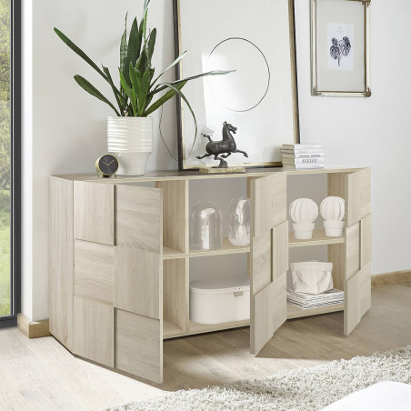 Buffet 3 portes aspect bois Sonoma relief damiers - REBENA
