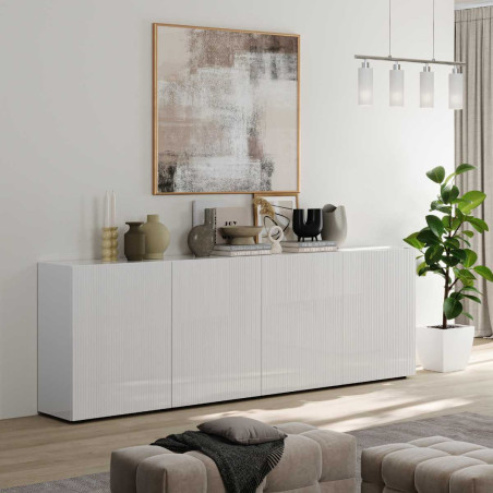 Buffet 4 portes blanc à façades à stries verticales - JANEIROR