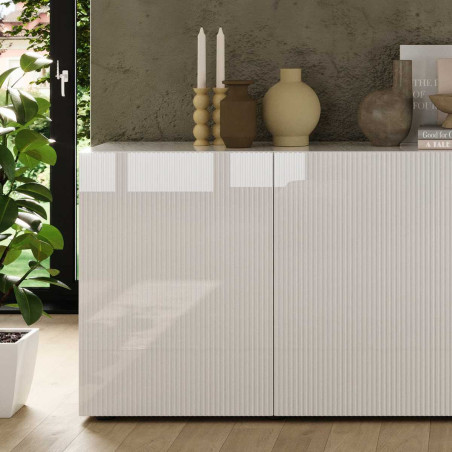 Buffet 4 portes blanc à façades à stries verticales - JANEIROR