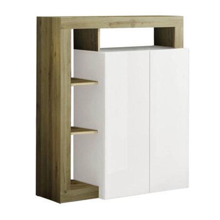Meuble bar 2 portes blanc laqué encadrement niches aspect bois Cadiz - ARTIRA