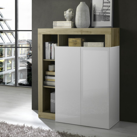 Meuble bar 2 portes blanc laqué encadrement niches aspect bois Cadiz - ARTIRA