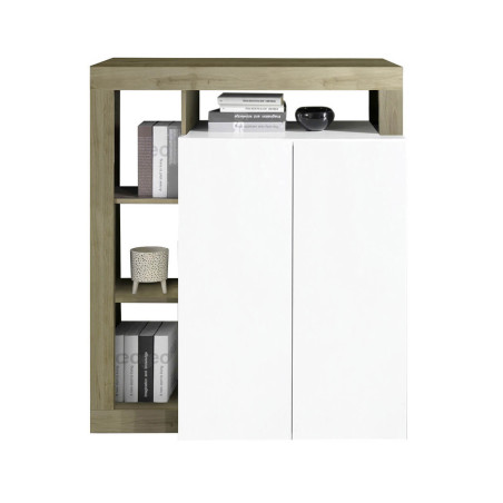 Meuble bar 2 portes blanc laqué encadrement niches aspect bois Cadiz - ARTIRA