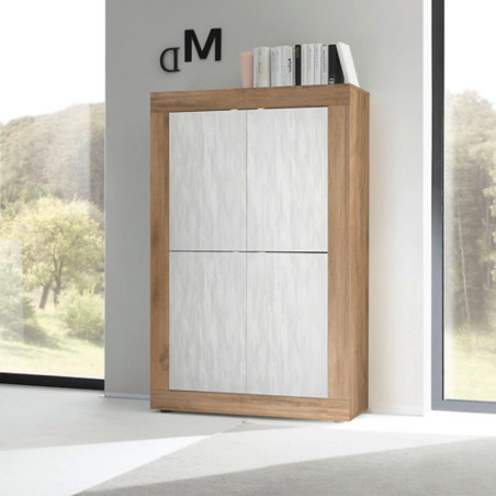 Rangement 4 portes aspect bois finition Mercure façades blanc texturées - OTELIA