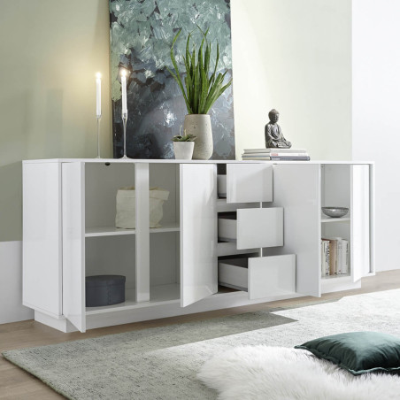 Buffet 4 Portes 3 Tiroirs Blanc Laqué Brillant - LYSIRA