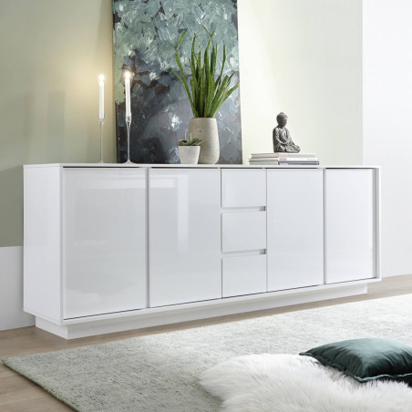 Buffet 4 Portes 3 Tiroirs Blanc Laqué Brillant - LYSIRA