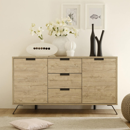 Buffet 2 portes 3 tiroirs aspect bois pieds métal gris foncé - PALIRA