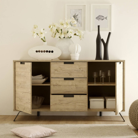 Buffet 2 portes 3 tiroirs aspect bois pieds métal gris foncé - PALIRA