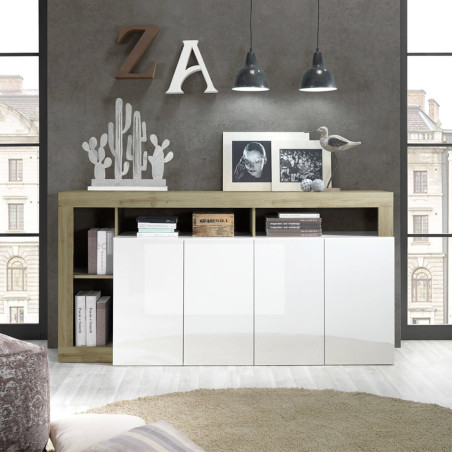 Buffet 4 Portes Blanc Laqué Niches Aspect Bois Cadiz - ARTIRA