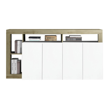 Buffet 4 Portes Blanc Laqué Niches Aspect Bois Cadiz - ARTIRA