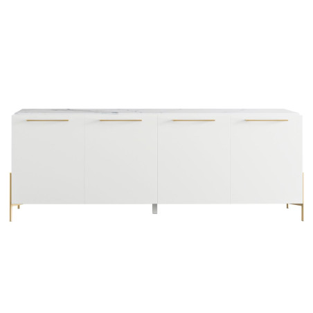 Buffet 4 portes laqué blanc plateau marbré pieds métal doré - TARAC