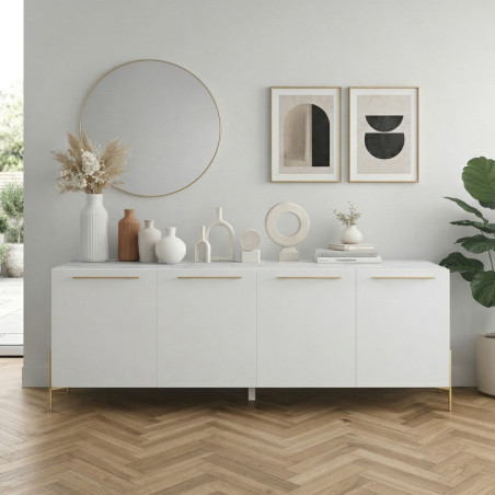 Buffet 4 portes laqué blanc plateau marbré pieds métal doré - TARAC