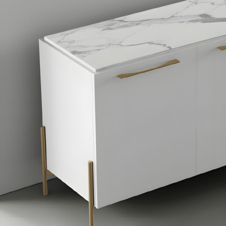 Buffet 4 portes laqué blanc plateau marbré pieds métal doré - TARAC