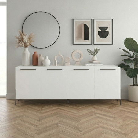 Buffet 4 portes laqué blanc pieds et poignées métal anthracite - TARAC