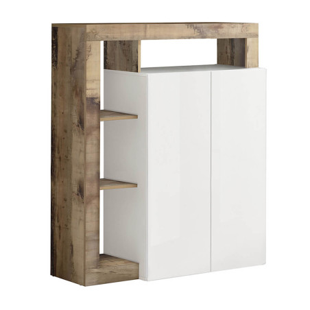Meuble bar 2 portes blanc laqué encadrement niches aspect bois antik - ARTIRA