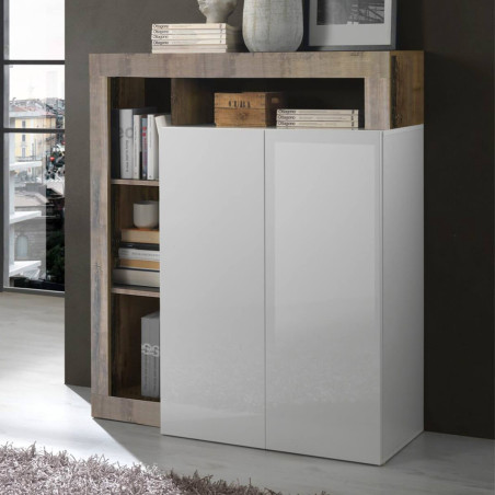 Meuble bar 2 portes blanc laqué encadrement niches aspect bois antik - ARTIRA
