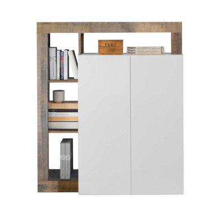Meuble bar 2 portes blanc laqué encadrement niches aspect bois antik - ARTIRA