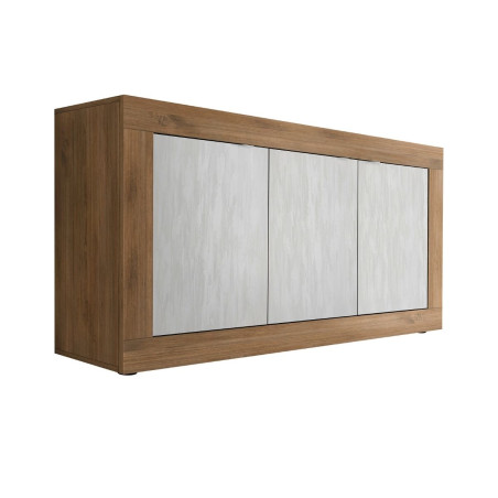 Buffet 3 portes aspect bois finition Mercure façades blanc texturées - OTELIA