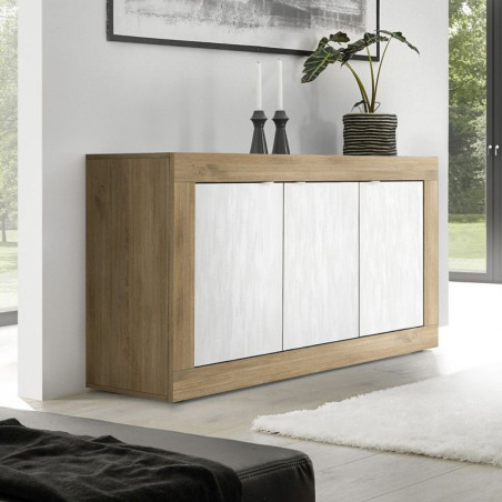 Buffet 3 portes aspect bois finition Mercure façades blanc texturées - OTELIA