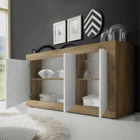 Buffet 3 portes aspect bois finition Mercure façades blanc texturées - OTELIA