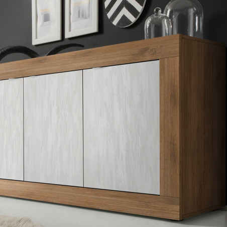 Buffet 3 portes aspect bois finition Mercure façades blanc texturées - OTELIA