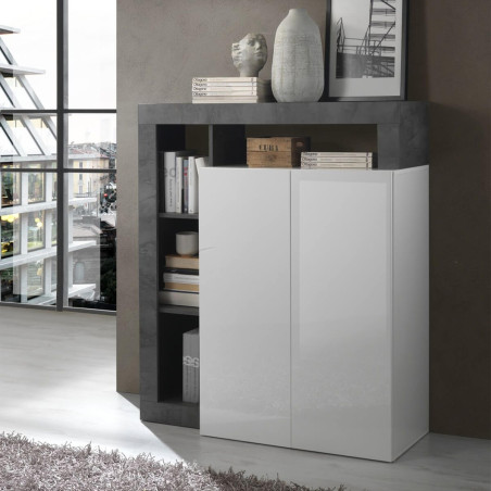 Meuble bar 2 portes blanc laqué, encadrement niches gris oxyde - ARTIRA
