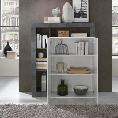 Meuble bar 2 portes blanc laqué, encadrement niches gris oxyde - ARTIRA