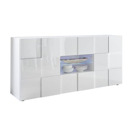 Buffet 2 Portes 2 Tiroirs Blanc Laqué Relief Damiers et Leds - REBENA