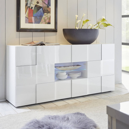 Buffet 2 Portes 2 Tiroirs Blanc Laqué Relief Damiers et Leds - REBENA